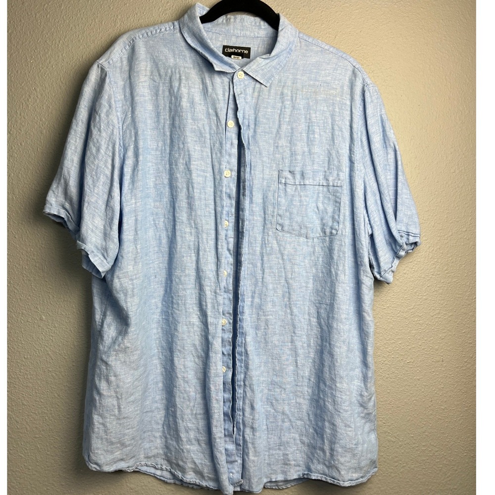 Claiborne Mens XL Slim Fit Light Blue 100% Linen Short Sleeve Button Up Shirt